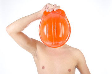 man in an orange helmet
