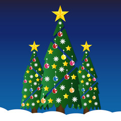 Christmas tree with colorful ornaments and glod star on white sn