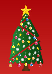 Christmas tree with colorful ornaments on red background. Vector