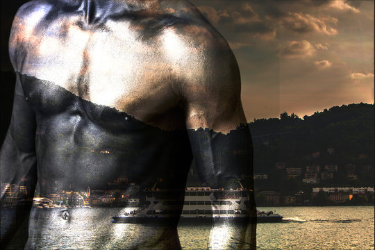 Double exposure of man chest and lake landscape