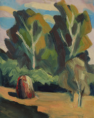 Summer rural landscape with trees and haystacks in a meadow. Oil painting