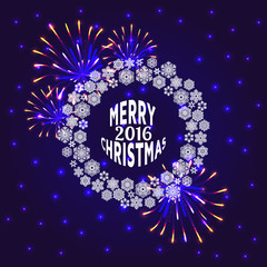Merry Christmas and Happy New Year 2016 celebration concept on beautiful fireworks in the night. Shining Christmas background. Vector illustration.