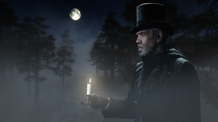 Dickens Scrooge Man with Candlestick Walking in Winter Forest at - obrazy, fototapety, plakaty
