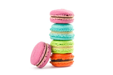 Many Tasty colorful macaroon isolated on a white background