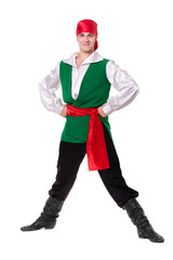 Dancing man wearing a pirate costume. Isolated on white in full length