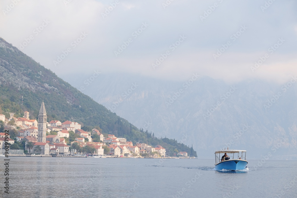 Sticker The image of boat in a Kotor  bay, Montenegro