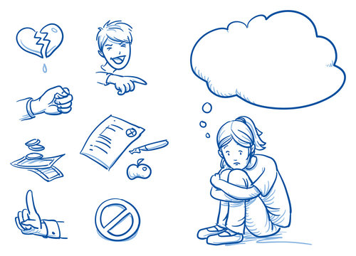 Sad teenage girl having problems, with thought bubble and icons. Hand drawn cartoon doodle vector illustration.