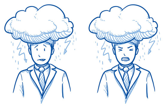 Business man with dark cloud oder his head in two emotions, symbolizing stress, failure, headache, depression, hard work, hand drawn doodle vector illustration