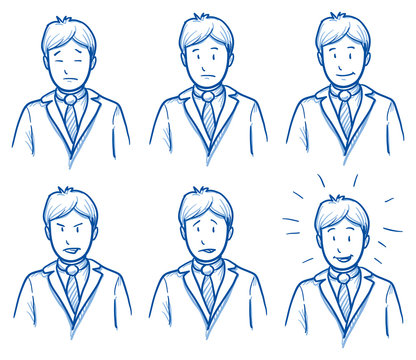 Business man emotions, symbolising happy, sad, angry, depressed, hand drawn doodle vector illustration