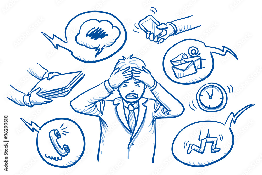 Wall mural Business man holding his head in pain, surrounded by work icons, concept for stress, burnout, too much work, hand drawn doodle vector illustration