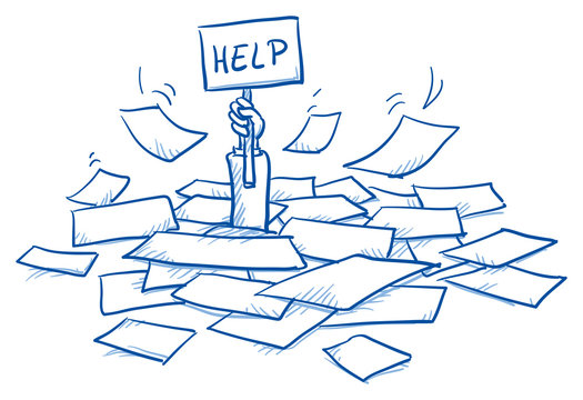 Business man buried in a pile of sheets, holding help-sign, concept for stress, burnout, too much work, hand drawn doodle vector illustration