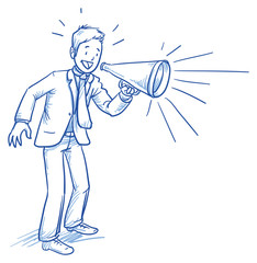 Business man smiling happy while shouting in megaphone, hand drawn doodle vector illustration