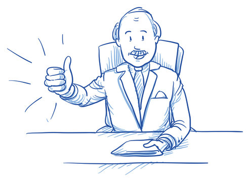 Business man, happy smiling boss, sitting at his desk showing like, thumbs up, hand drawn doodle vector illustration