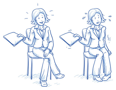 Business woman sitting on chair with e.g. application document in her hand in two emotions, confident and nervous, hand drawn doodle vector illustration
