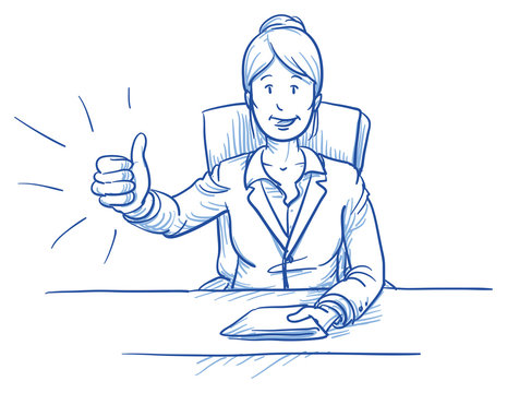 Business woman, happy smiling boss or customer, sitting at her desk showing like, thumbs up, hand drawn doodle vector illustration