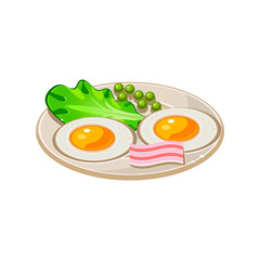 Cartoon Breakfast with Bacon, Fried Eggs and Lettuce. Vector Illustration