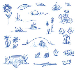 Set of landscape and nature background parts: stump, strawberries, nuts & cones, stones, hills, grass, leaves and flowers. Hand drawn vector illustration.