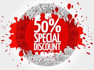 50% Special Discount word cloud, business concept background