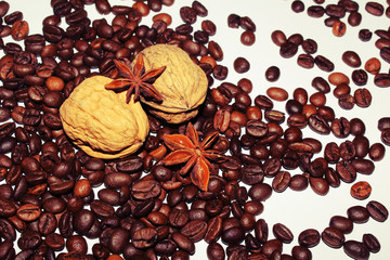 Walnüsse auf Kaffeebohnen im Lomo Style