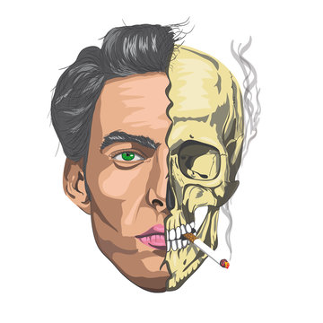 male face half a skull 

smoking a cigarette