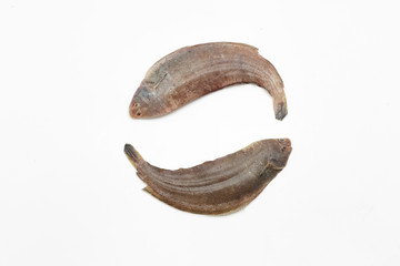 Two raw sole fishes on white background