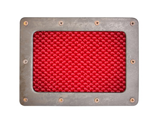 Red fiber background plate with metal frame and screws