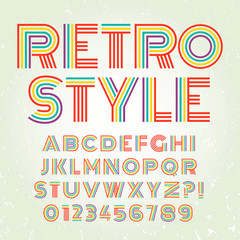 Old style alphabet. Retro type font disco, vintage typography poster with sunbeams textured background vector, EPS10. Colorful palette