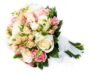 Close-up of bridal bouquet in pink colors isolated on white back