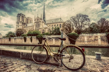 Fotobehang Fiets Retro fiets naast de Notre Dame-kathedraal in Parijs, Frankrijk. Vintage