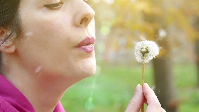 The young woman  blowing dandelion in the park in slow motion, Slow Motion Video clip