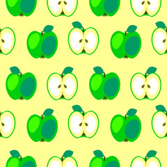 Seamless vector pattern,  bright  fruits symmetrical background with apples, whole and half over light yellow backdrop.