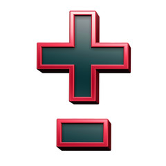 Hyphen, minus, plus marks from black with red shiny frame alphabet set, isolated on white. Computer generated 3D photo rendering.