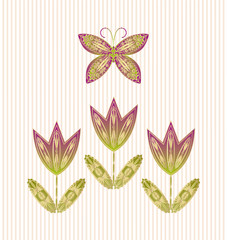 Illustration of flowers and butterflies with patterns.