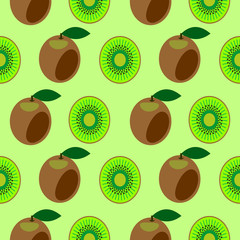 Fototapeta na wymiar Seamless vector pattern, bright fruits symmetrical background with kiwi, whole and half over light green backdrop.