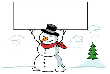 Schneemann im Winter hält leeres Schild