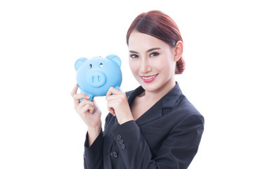 Fototapeta na wymiar Portrait of business woman holding piggy bank on white background