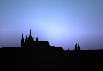 Illustration of panorama of Prague with dark blue sky in the night