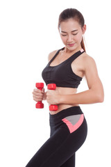 Portrait of young woman doing exercise with lifting weights