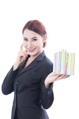 Portrait of business woman with gift box and thinking on white background