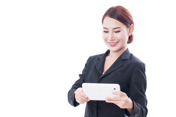 Portrait of young business woman using tablet on white background