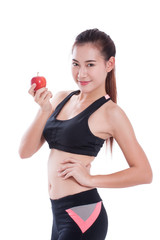 Fitness woman holding apple on white background. healty concept