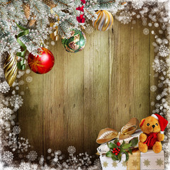 Christmas background with pine branches, balls, gifts and toys