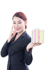 Portrait of business woman with gift box and thinking on white background