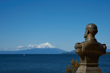 Snow capped Volcano Osorno (2,652 metres) on the edge of Llanquihue Lake in Southern Chile. Viewed...