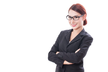 Portrait of young businesswoman wearing glasses on white background