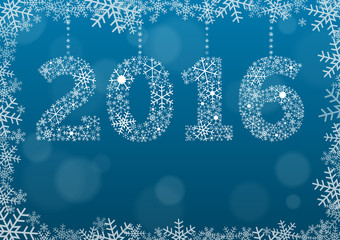 Naklejka na ściany i meble 2016 text made of snowflakes on background with bokeh effect