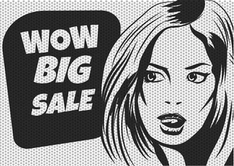Poster Pop Art Pop Art Woman SALE poster.  Bklack and white vector illustration