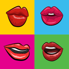 Sexy  red lips with teeth pop art set backgrounds. Vector illustration