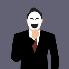 Businessman wearing a laughing mask