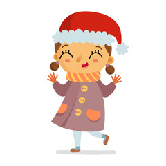 Happy vector girl in Santa's hat isolated on white